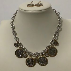 NEW GOLD BEZEL COIN NECKLACE & EARRING SET